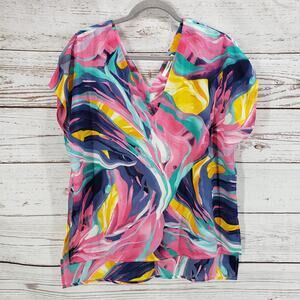 Caramela Women's Watercolor  V-Neck Hi-Low Hem Top Size Large
